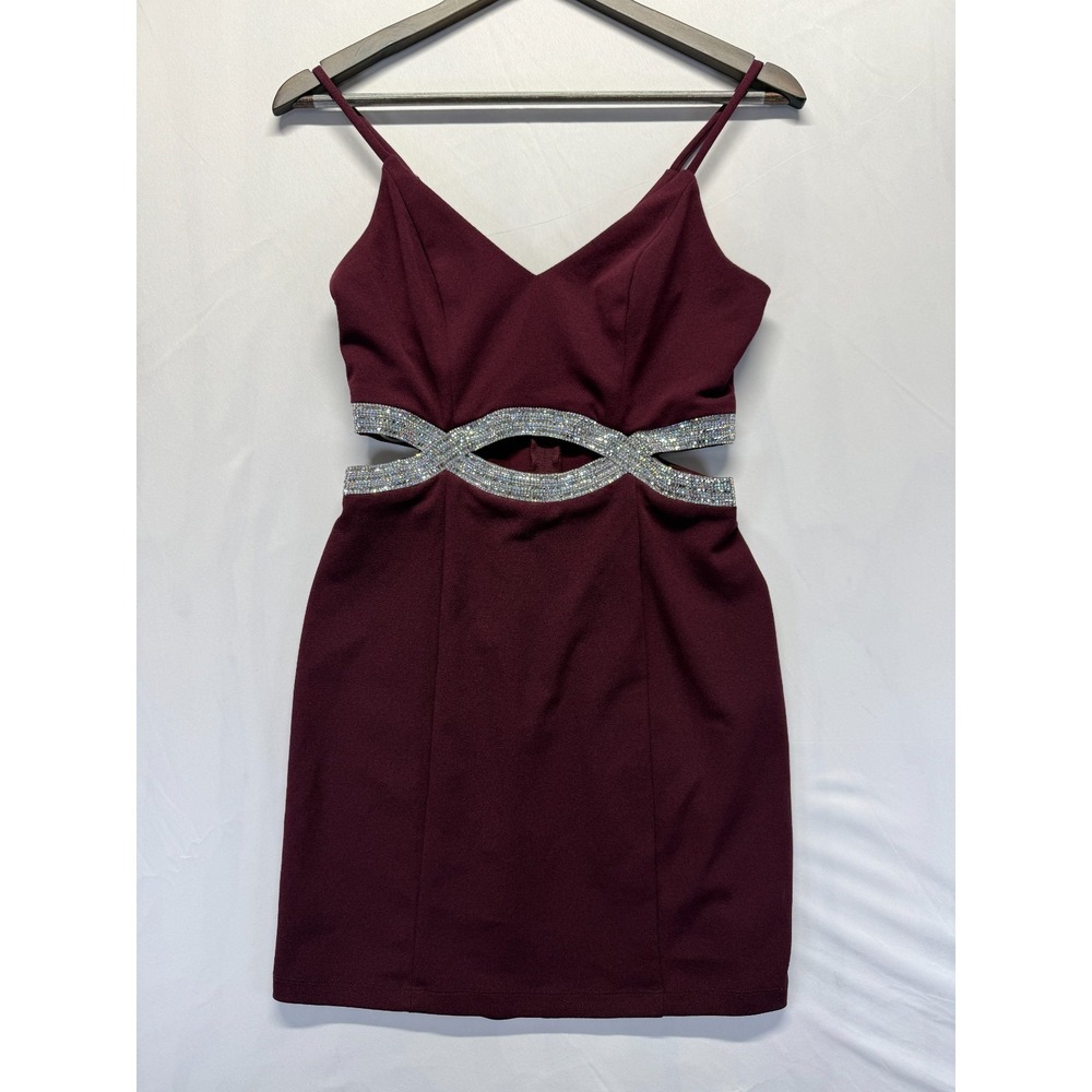 Speechless Cutout Bodycon Dress Womens S Burgundy Rhinestone Embellished Party
